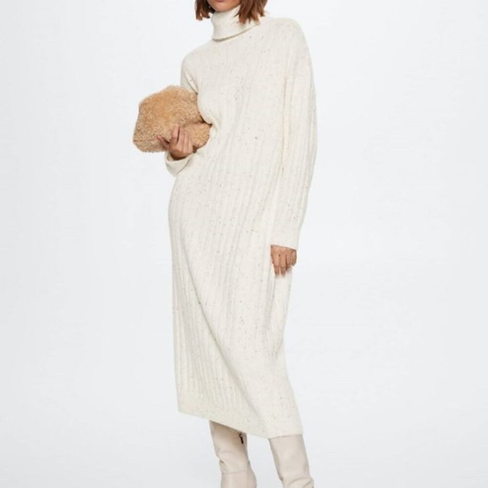 Mango ribbed turtleneck long sweater dress light beige oversized size S